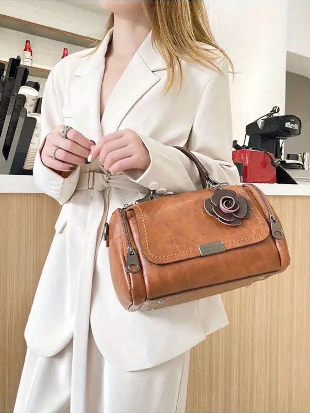 Classic Women's Satchel Handbag in Brown with Floral Accent